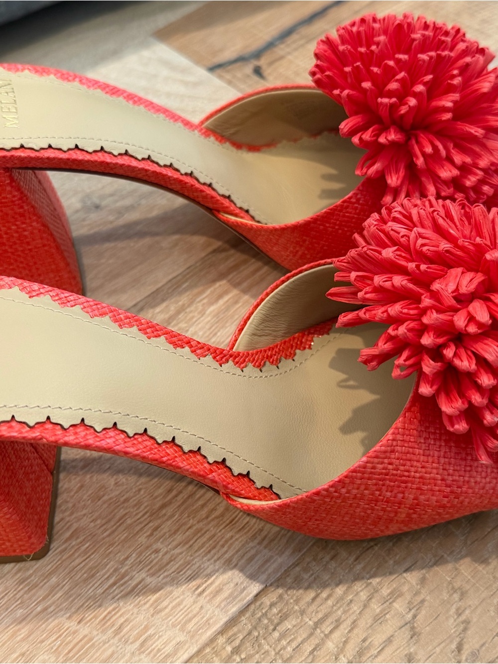 ANTONIO MELANI Coral Red Pom-Pom Slide Heels, 9.5M NWT - Picture 2 of 5
